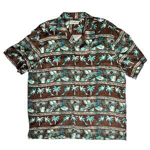 Caribbean Hawaiian Mens Shirt XL Brown‎ Teal Blue Tropical Resortwear Vacation